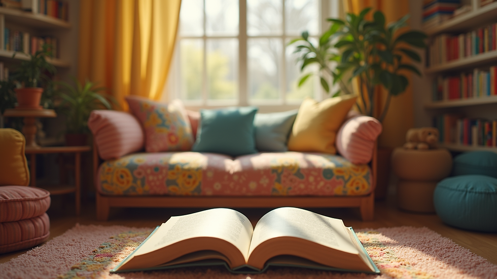 Eye-level view of a cozy reading nook with colorful children's books