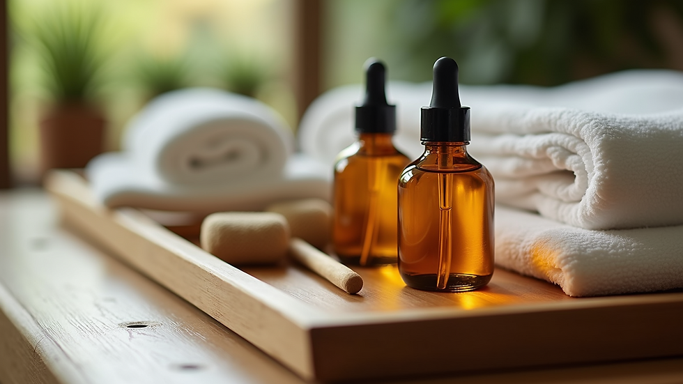 Close-up view of massage oils and tools arranged neatly on a wooden tray