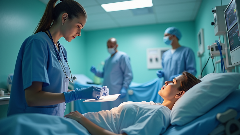 Close-up view of a healthcare professional monitoring a patient in an ICU setting