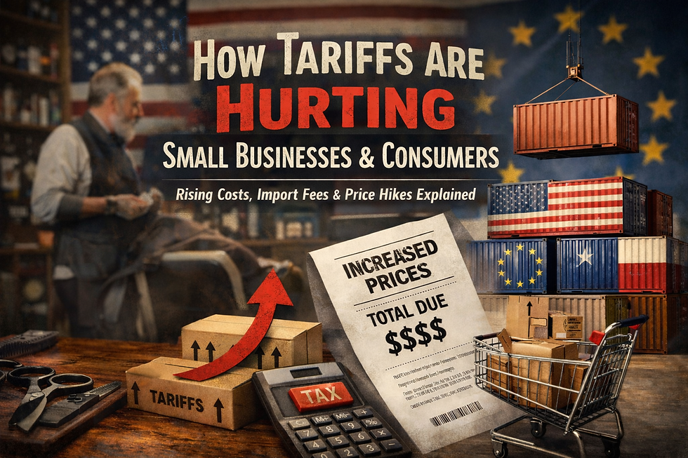 Barbershop-themed graphic showing shipping containers, rising prices, boxes labeled tariffs, a calculator, shopping cart, and receipt to illustrate how tariffs affect small businesses and consumers.
