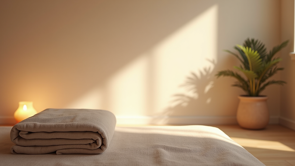 Eye-level view of a serene Reiki healing space with soft lighting and calming decor