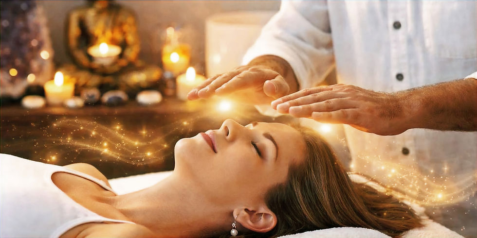 Practitioner performing holistic energy healing on a woman.