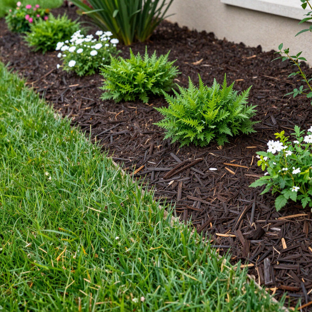 Mulched garden bed with green plants next to a lawn