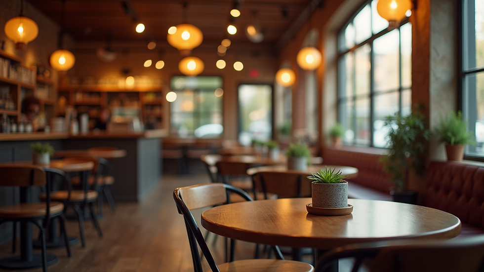 Eye-level view of a cozy café interior with warm lighting