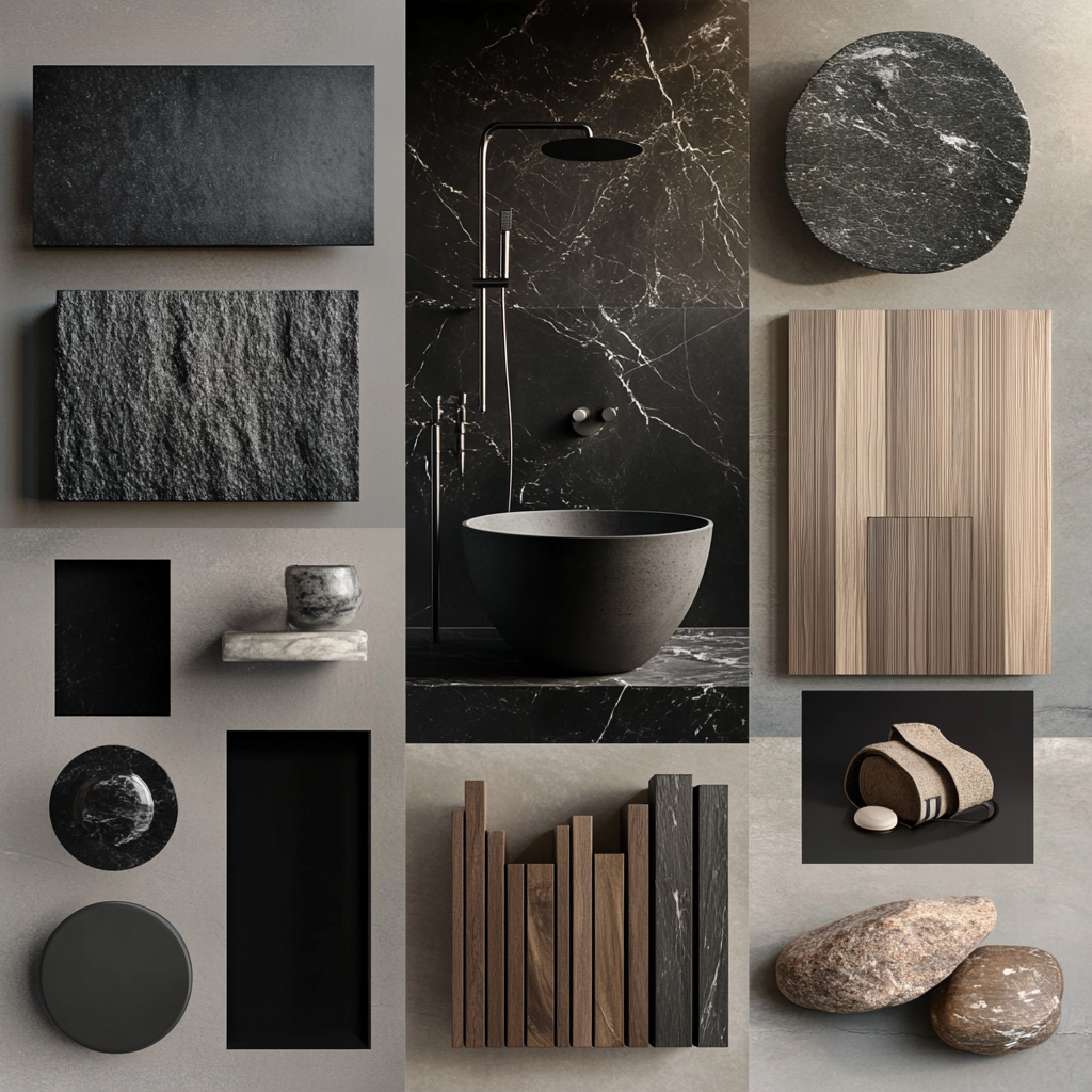 Moodboard: Minimal Luxury Bathroom A refined space where soft neutrals, natural textures, and sculptural elements come together to create a calming retreat rooted in simplicity and quiet elegance.