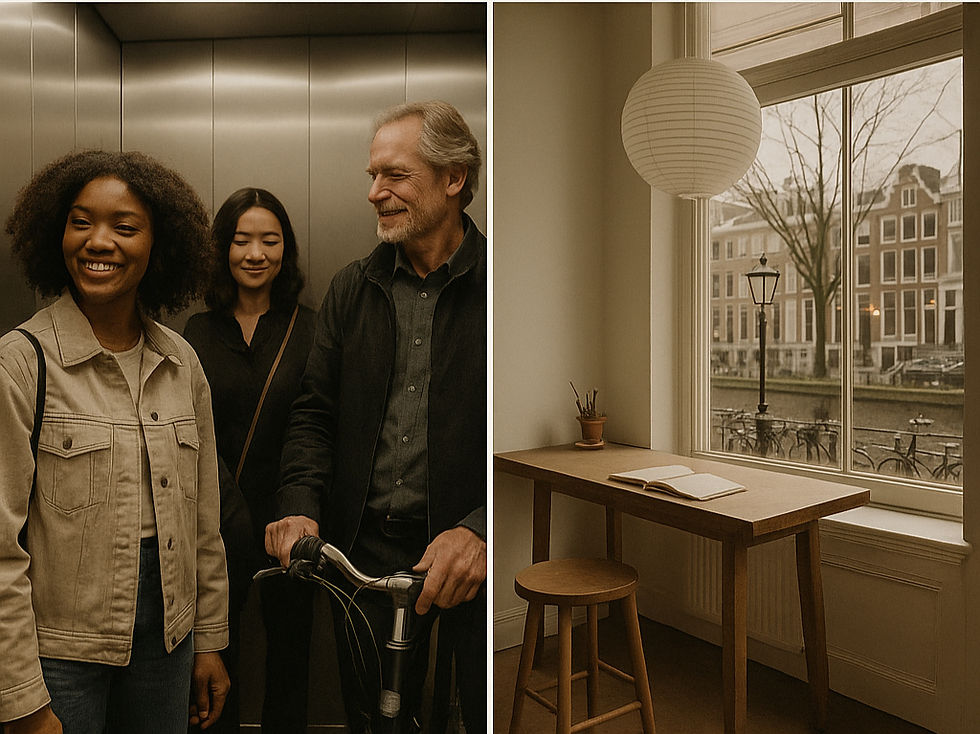People standing together in a residential elevator, sharing a quiet everyday moment. The lift’s modern interior reflects urban living, community interaction, and the architecture of shared spaces