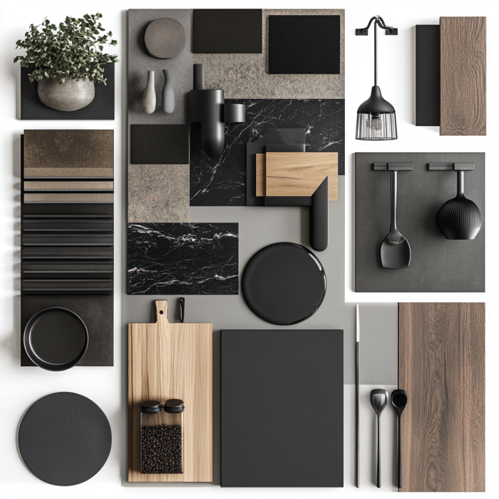 ndustrial kitchen moodboard featuring raw materials and neutral tones. Includes elements like concrete countertops, matte black fixtures, exposed brick walls, metal shelving, vintage lighting, and wood accents for warmth and contrast.