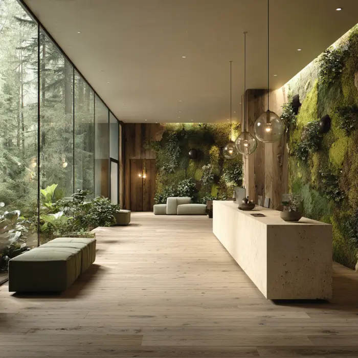 A boutique hotel lobby with a warm, modern design featuring soft lighting, natural materials, and inviting seating that creates an emotional connection for guests. Modern lounge with moss-covered walls, large windows revealing a forest. Earth-toned decor, wooden floors, serene and natural ambiance.