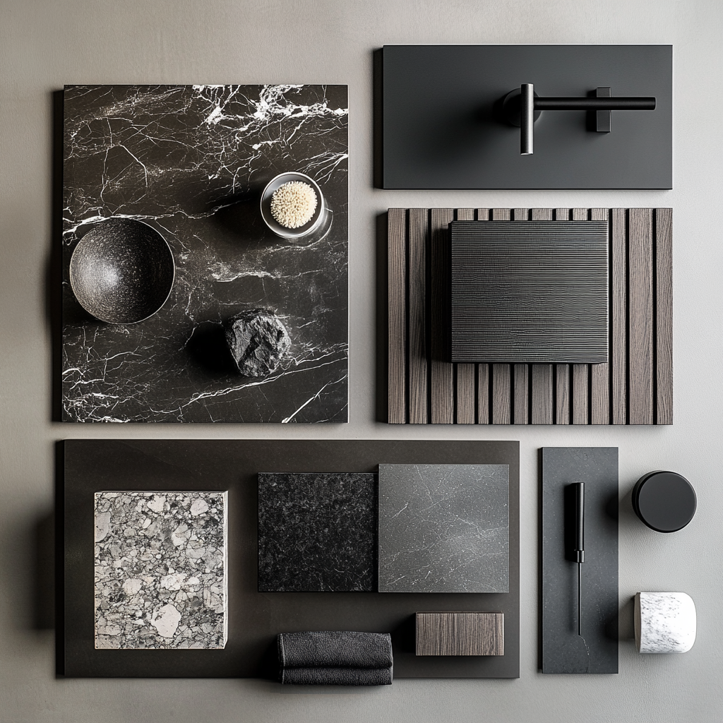 Moodboard: Minimal Luxury Bathroom A refined space where soft neutrals, natural textures, and sculptural elements come together to create a calming retreat rooted in simplicity and quiet elegance.
