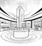 Black-and-white architectural sketch-style illustration of a point-of-sale (POS) signage d