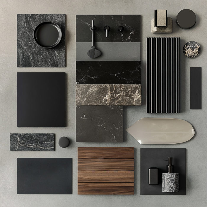 Moodboard: Minimal Luxury Bathroom A refined space where soft neutrals, natural textures, and sculptural elements come together to create a calming retreat rooted in simplicity and quiet elegance.