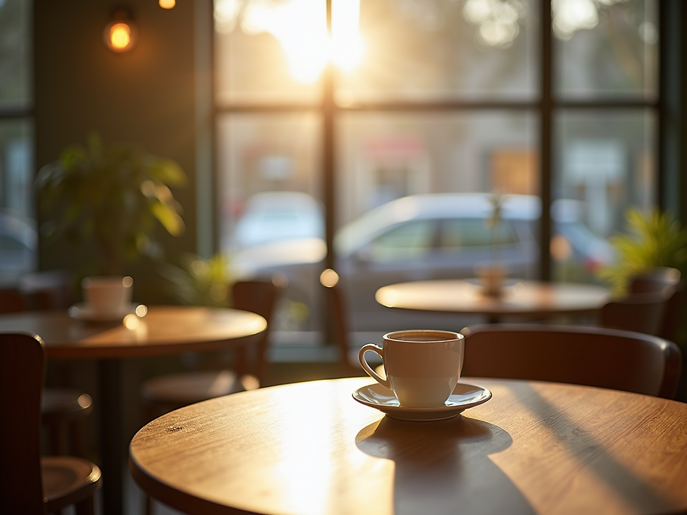 A stylish café interior with a cup of coffee on a wooden table, soft light, and a calm atmosphere that reflects thoughtful spatial design and brand storytelling.