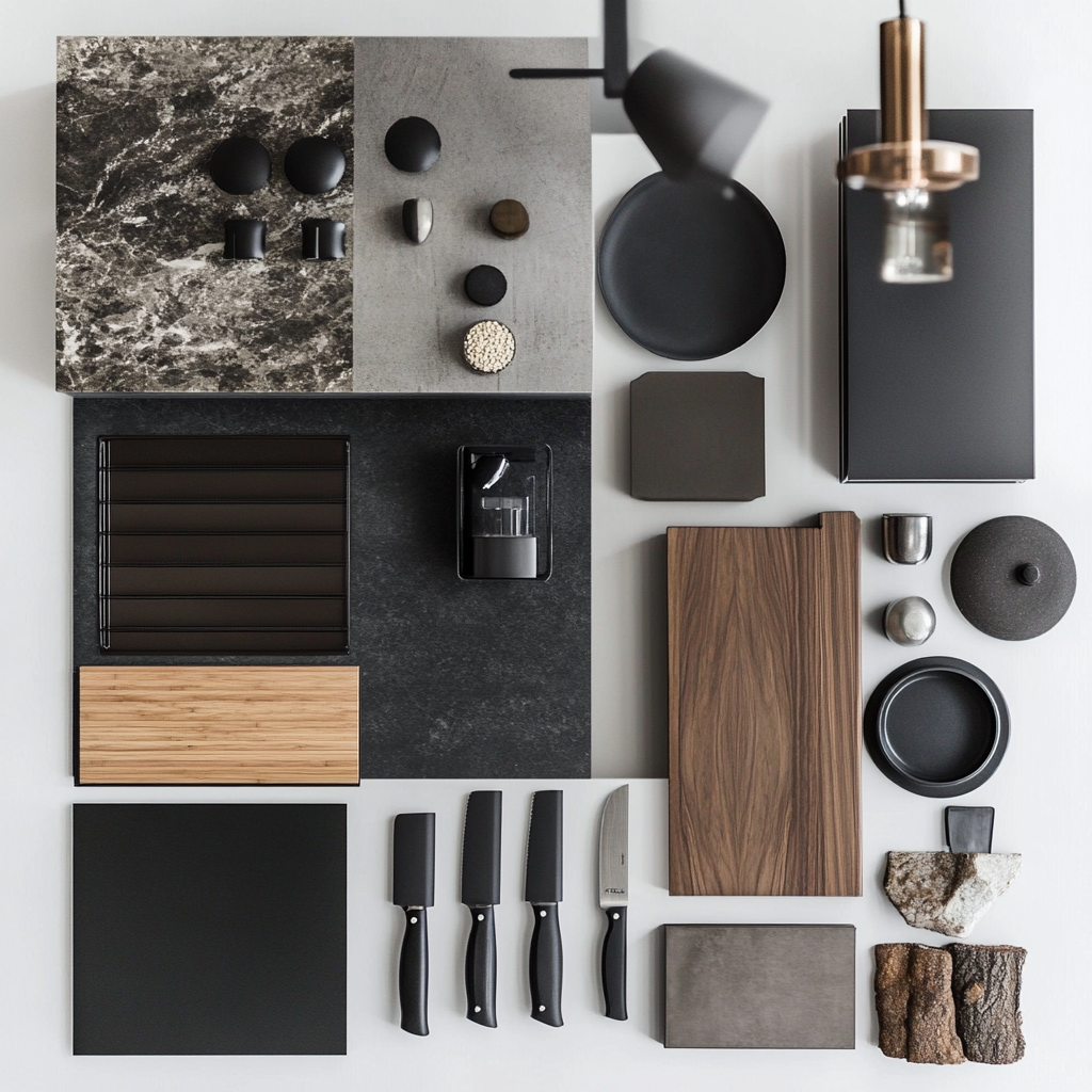 ndustrial kitchen moodboard featuring raw materials and neutral tones. Includes elements like concrete countertops, matte black fixtures, exposed brick walls, metal shelving, vintage lighting, and wood accents for warmth and contrast.