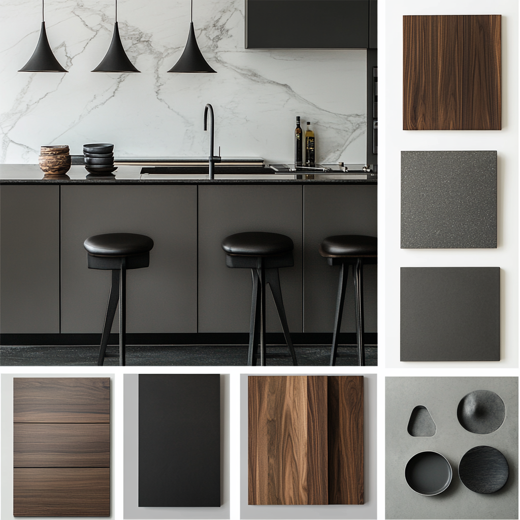 ndustrial kitchen moodboard featuring raw materials and neutral tones. Includes elements like concrete countertops, matte black fixtures, exposed brick walls, metal shelving, vintage lighting, and wood accents for warmth and contrast.