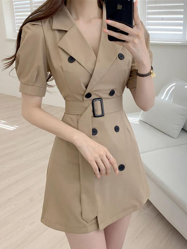 Miniatura: Chic Workwear Style Black Dress with Stand Collar Double Breasted Bubble Sleeve 
