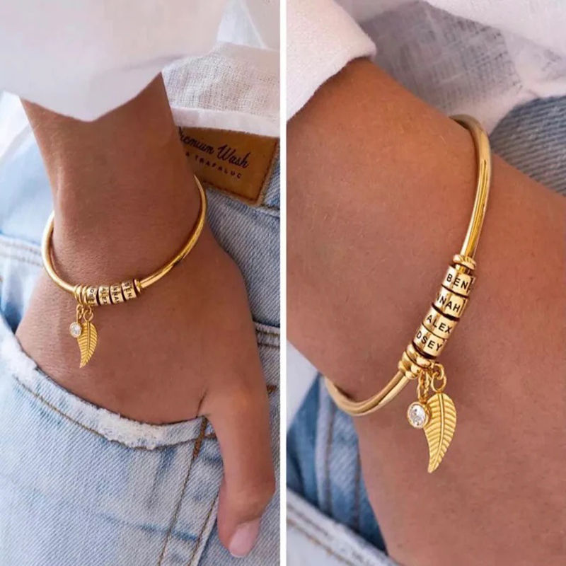 Miniatura: Pulseira personalizada com contas e nome da família, com folha, para aniversário