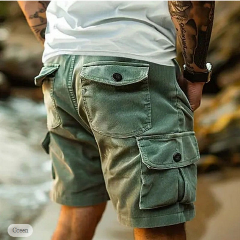 Miniatura: Calções de trabalho masculinos, estilo verão casual, em veludo cotelê, com cintu
