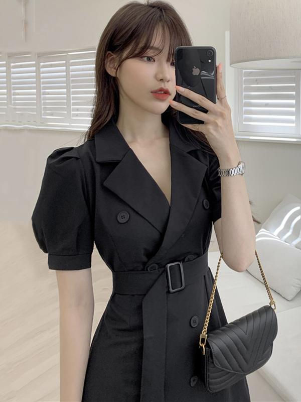 Miniatura: Chic Workwear Style Black Dress with Stand Collar Double Breasted Bubble Sleeve 