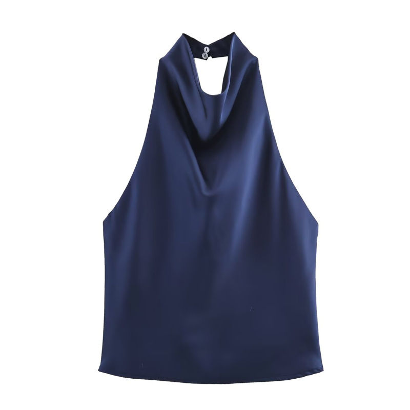 Thumbnail: Blusa feminina ETJ Primavera 2026 com gola drapeada, sem mangas, em cetim, decot
