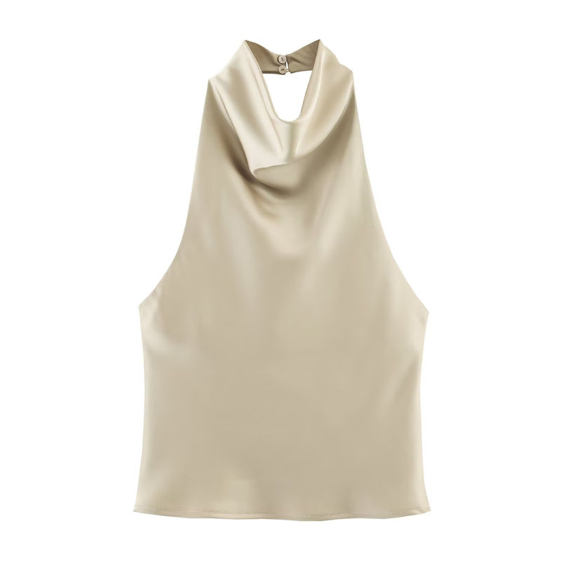 Miniatura: Blusa feminina ETJ Primavera 2026 com gola drapeada, sem mangas, em cetim, decot