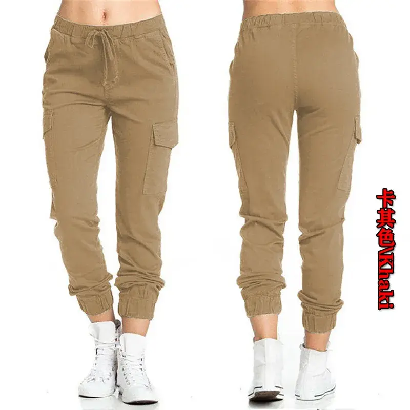 Thumbnail: Calça Jogger Cargo Feminina Lisa 2022 com Vários Bolsos, Cordão e Cintura Elásti