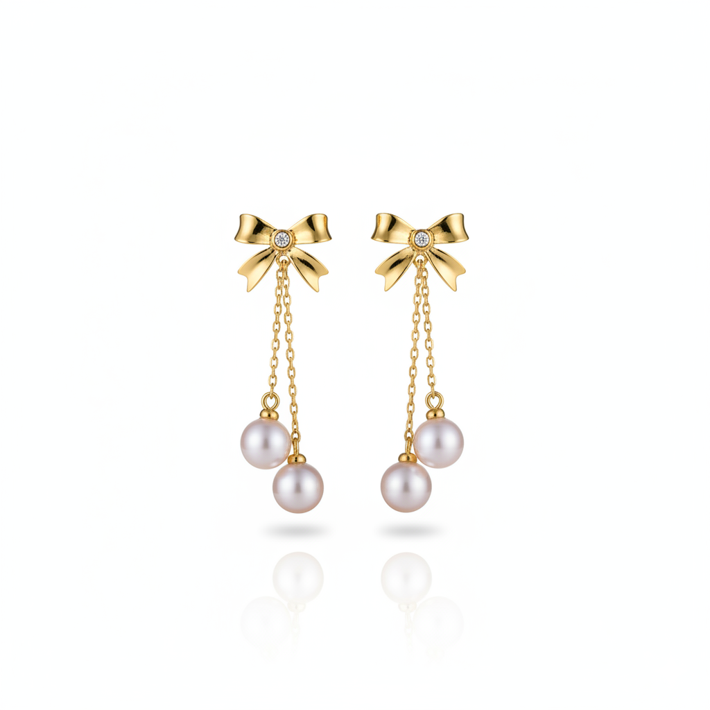 <My Love> Ribbon Bow Double Pearl Drop Earrings in 18K Gold Vermeil