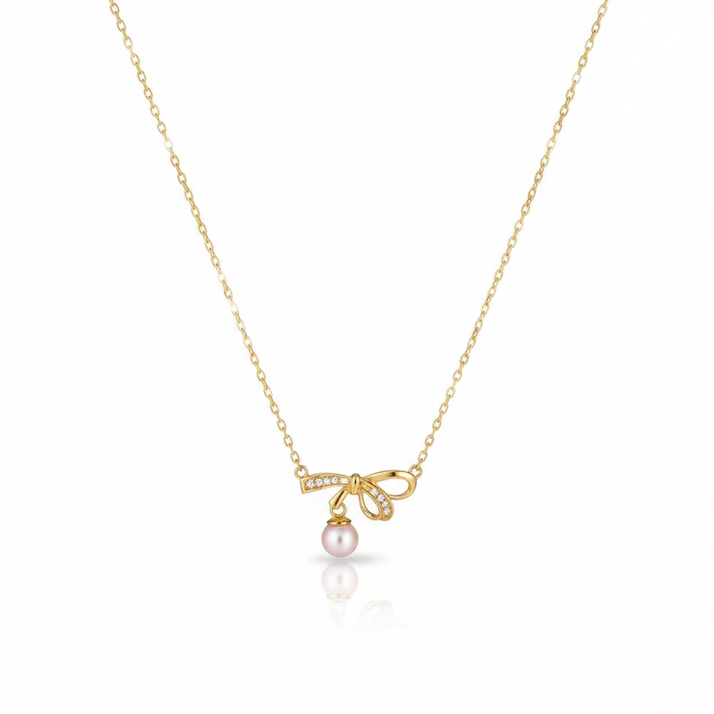 <My Love> Ribbon Bow Pearl Pendant Necklace in 18K Gold Vermeil