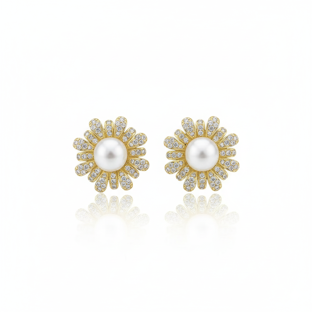 <The Journey> Sunflower Pearl Stud Earrings in 18K Gold Vermeil
