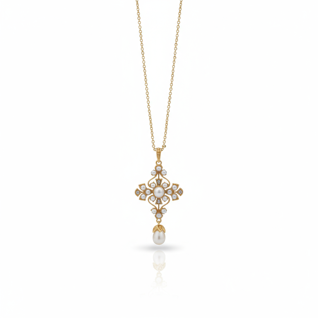 <Delicate> Cross Pearl Pendant in 18K Gold Vermeil