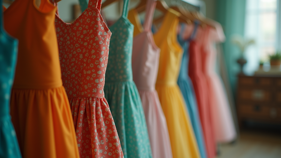 Eye-level view of a vintage clothing rack filled with colorful dresses