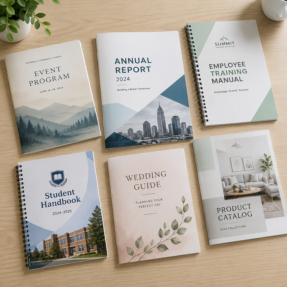 Collection of premium custom printed booklets and saddle-stitched programs for businesses in Charlotte, NC.