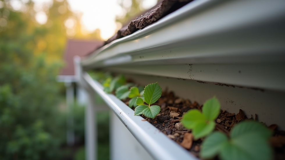 Eye-level view of clean gutters with installed leaf filter on a residential home