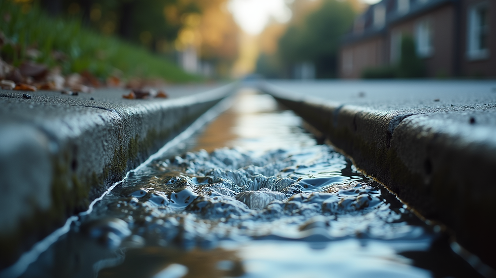 Close-up view of a clean gutter with water flowing smoothly