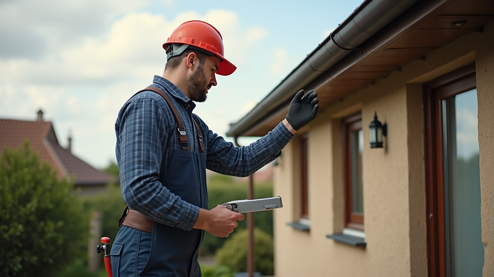 Eye-level view of a technician inspecting gutters on a residential home
