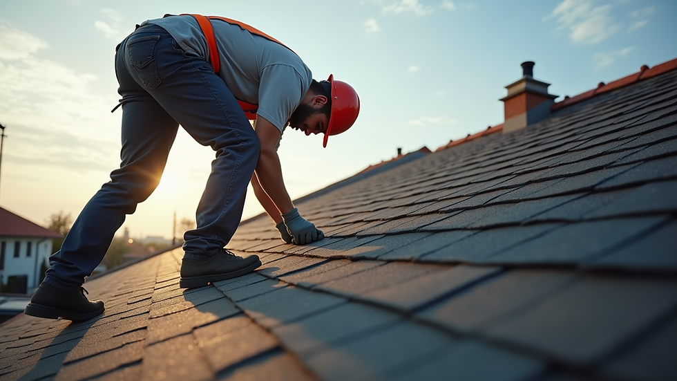 Eye-level view of a roofing contractor inspecting a residential roof