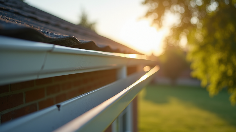 Eye-level view of a residential gutter system on a sunny day