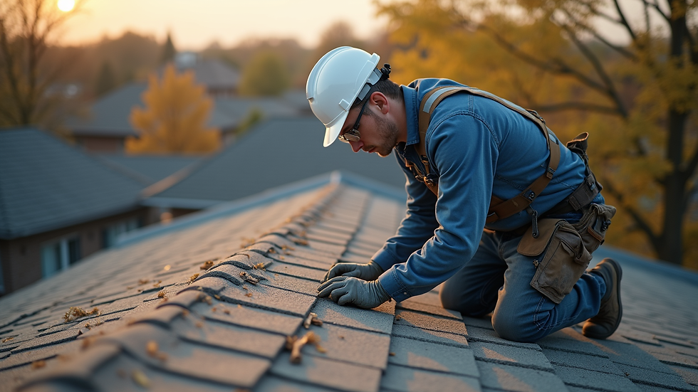 High angle view of roofing contractor inspecting a residential roof