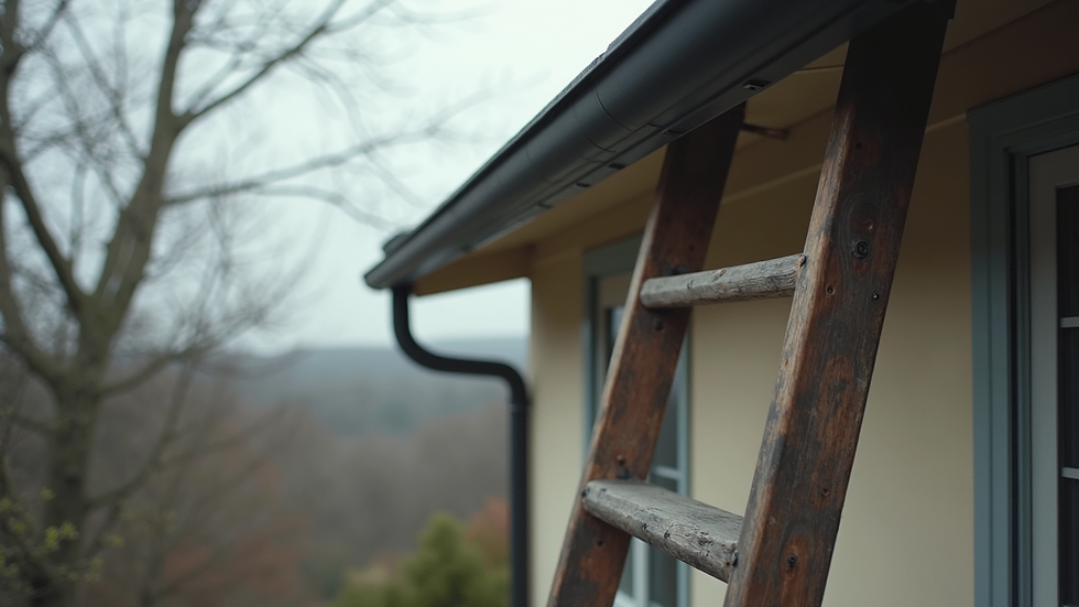 Eye-level view of ladder leaning against house near gutters