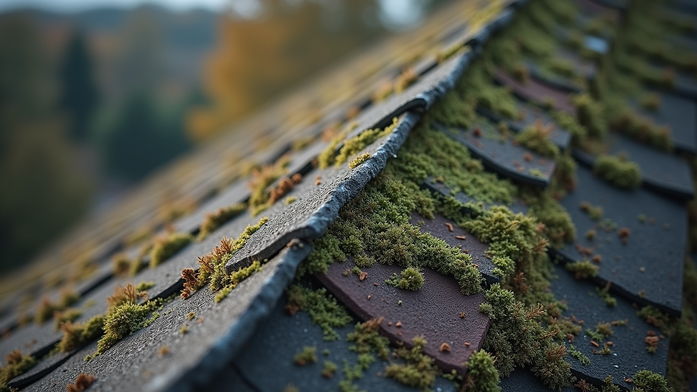 High angle view of a roof with mixed materials showing wear and moss growth