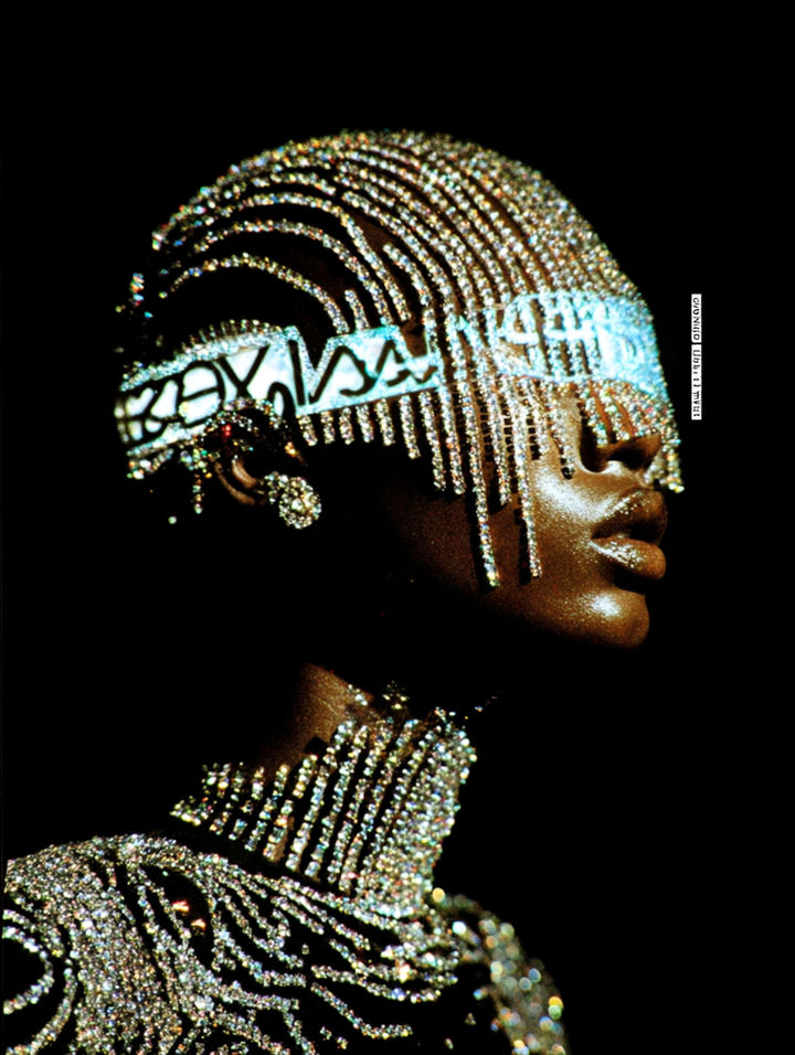AI-generated afrofuturistic portrait by Franziska Brodhun for Quantum Echoes at Studio 1111, featuring a futuristic figure adorned in crystalline chains and a coded visor, merging Afrocentric beauty with cybernetic elegance.