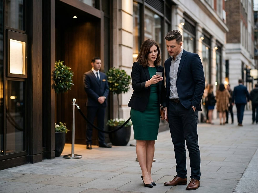 A couple checks a smartphone outside an upscale nightlife venue.