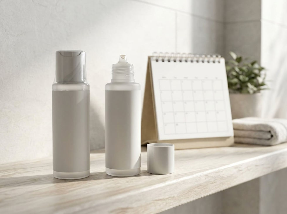 Two lubricant containers, one sealed and one opened, sit on a bathroom shelf.