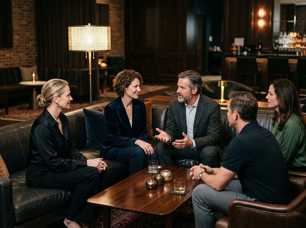 Adults in an elegant lounge communicate respectfully and confirm consent.
