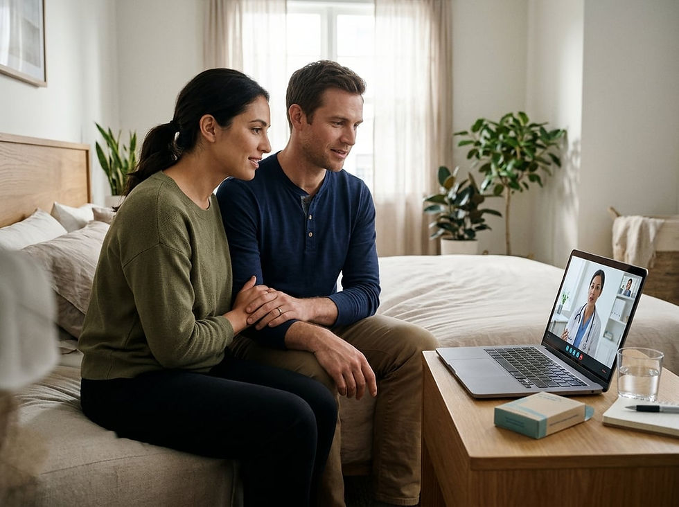 Two partners discuss non-latex condoms with a healthcare professional on a tablet.