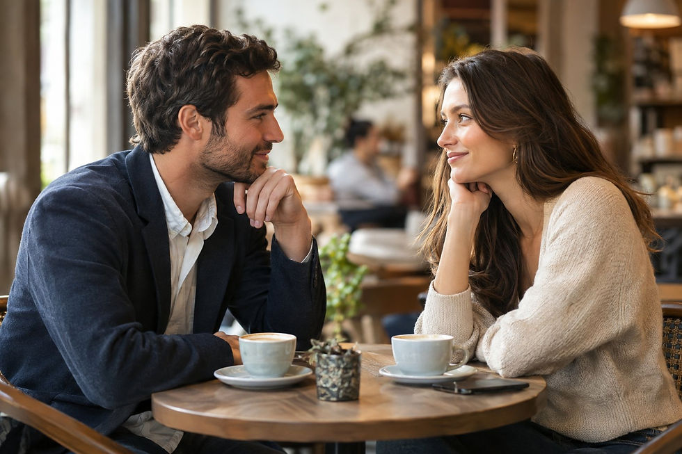 Two adults share warm eye contact and a smile while talking across a café table.