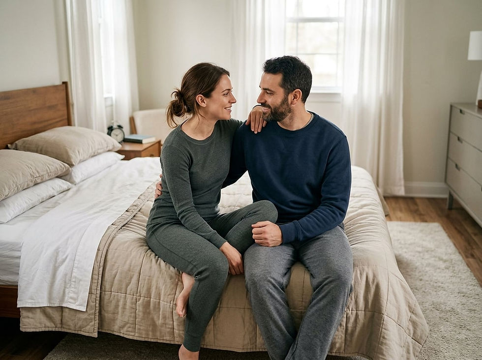 An adult couple embraces while sitting together on the edge of a bed.