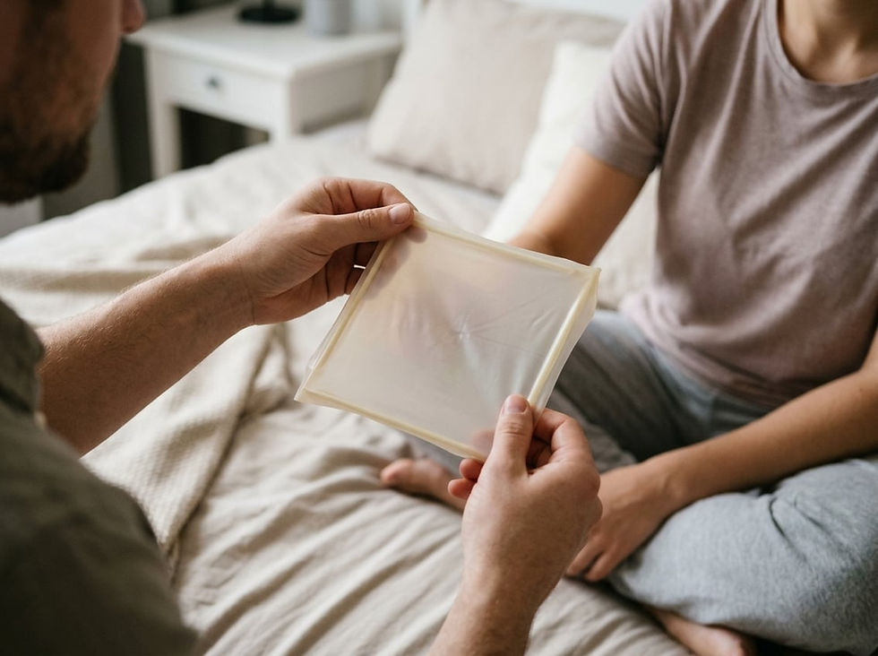A person holds a dental dam over their partner’s external genital area.
