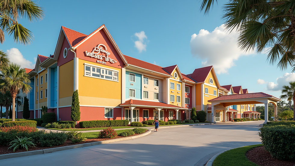 Eye-level view of a colorful Disney Value Resort hotel building