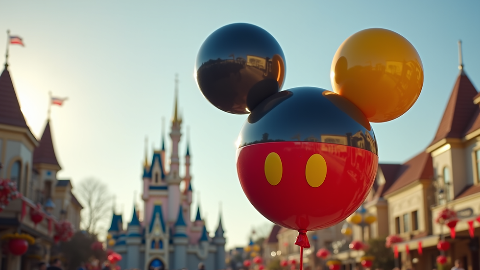 Close-up view of a colorful Mickey Mouse balloon floating in the park