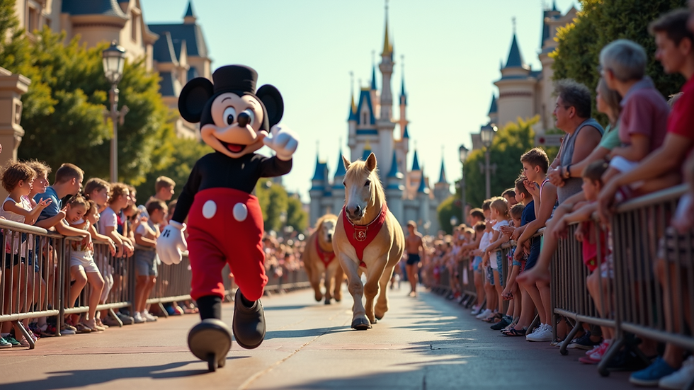 Wide angle view of a Disney parade with families watching from the sidelines